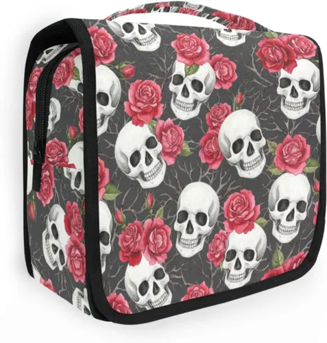 Vista 37 de MNSRUU Neceser colgante con diseño de calavera y girasol, bolsa de maquillaje de viaje para artículos de tocador, organizador de artículos