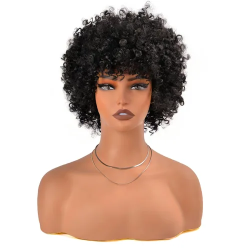 Vista 7 de Vitorish Peluca corta afro rizada con flequillo para mujeres negras, peluca sintética resistente al calor, color negro natural, para uso diario