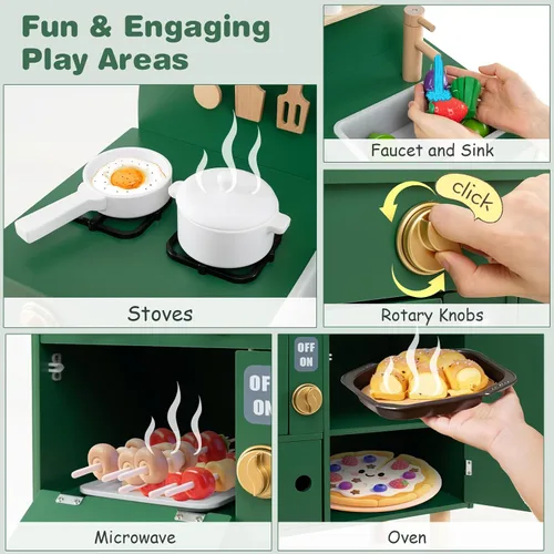 Vista 5 de Costzon Juego de cocina para niños, cocina con estufas, grifo, fregadero, microondas, gabinete, horno y accesorios de cocina, cocina de madera