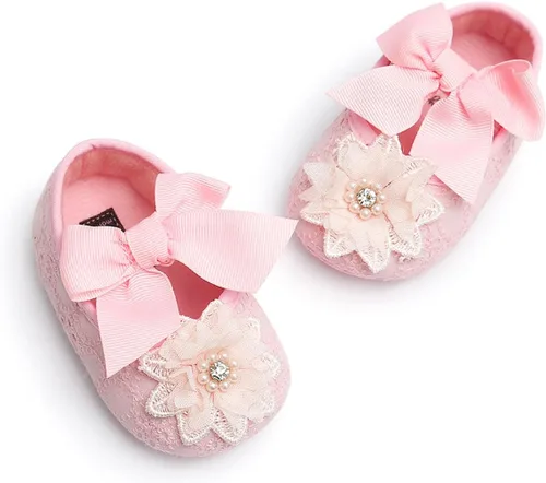Vista 5 de QWZban Baby Girls Mary Jane Flats with Bowknot Flowers Soft Newborn Infant First Walkers Crib Shoes Wedding Party Christmas Dress Shoes