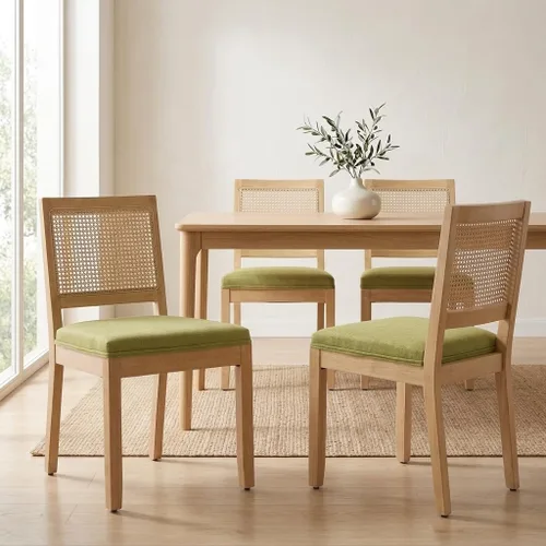 Vista 21 de French Country Dining Chairs Set of 2, Linen Upholstered Cane Back, Amber Soft linen upholstered seat with thick foam padding provides comfortable