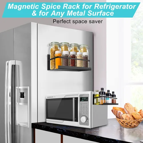 Vista 2 de Paquete de 2 especieros magnéticos de alta calidad para refrigerador, estante magnético fuerte para especias para sostener tarros, estante magnético