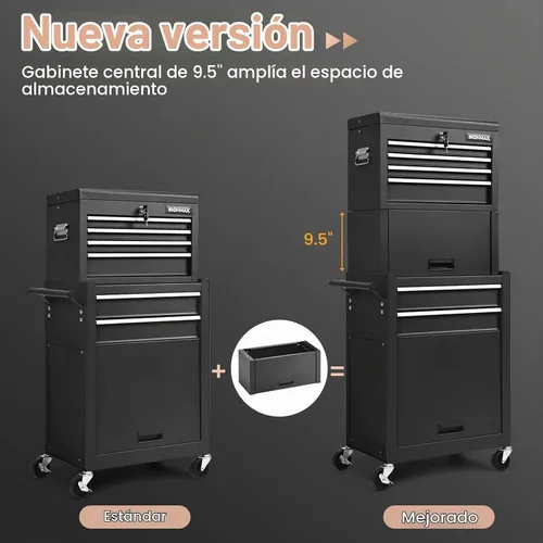 Vista 5 de Nightcore Caja de herramientas con ruedas de 6 cajones, armario de herramientas 3 en 1 con ruedas y sistema de bloqueo con llave, caja de Negro