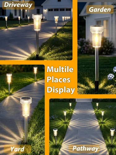 Vista 8 de DERAYSION Luces solares para exteriores, paquete de 8 luces impermeables para caminos de jardín, iluminación con poste de acero inoxidable