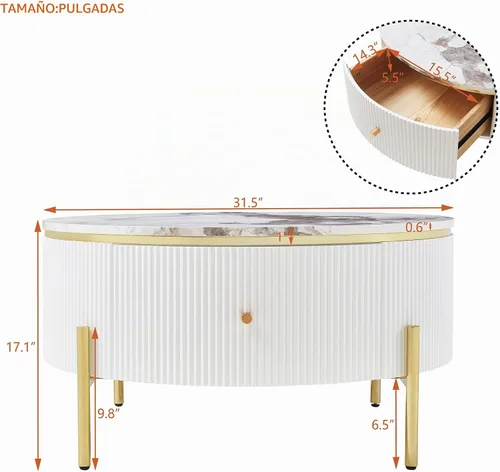 Vista 2 de Mesa de café redonda, mesa de café moderna de 31.5" con 2 cajones grandes de almacenamiento, tapa de mesa con patrón de mármol, mesa central