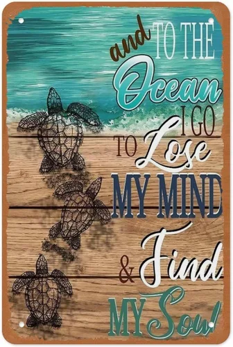 Vista 12 de Cartel de metal con texto en inglés «To The Ocean I Go To Lose My Mind And Find My Soul» de tortuga marina de 12 x 8 pulgadas, decoración de pared