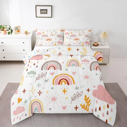 Vista 22 de Erosebridal Juego de edredón arcoíris de 2 piezas, edredón de nube de dibujos animados kawaii iridiscente individual para niños, niñas, mujeres