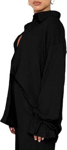 Vista 3 de LYANER Conjunto de 2 piezas para mujer, camisa de manga larga con botones y pantalones de pierna ancha