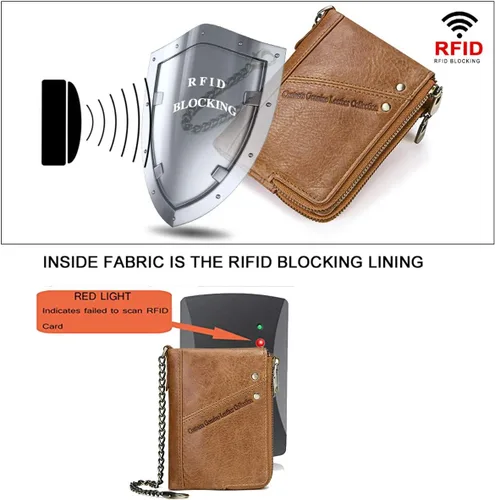 Vista 4 de Contacts RFID - Monedero con doble cremallera para hombre (piel, con cadena antirrobo), Marrón, talla única