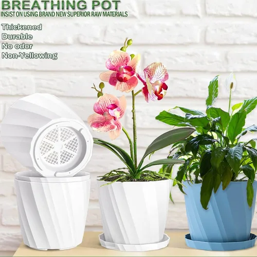 Vista 2 de Macetas de 8 pulgadas con agujeros de drenaje y platillos - Macetas para plantas de interior - Macetas de plástico blanco para plantas al aire libre