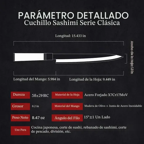 Vista 2 de Cuchillo Sashimi de 9.449 in,Cuchillo de sushi Yanagiba,Mango de madera de olivo con estuche de cuchillo de madera
