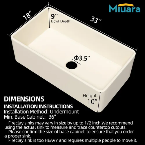 Vista 3 de Miuara Farmhouse - Fregadero de cocina frontal con delantal de arcilla refractaria de hueso de 33 x 18 pulgadas For kitchen, Heavy duty fireclay