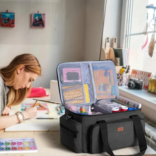 Vista 7 de LUXJA Bolsa de manualidades de gran capacidad con correa para el hombro, bolsa de manualidades para arte, álbumes de recortes o suministros de Negro