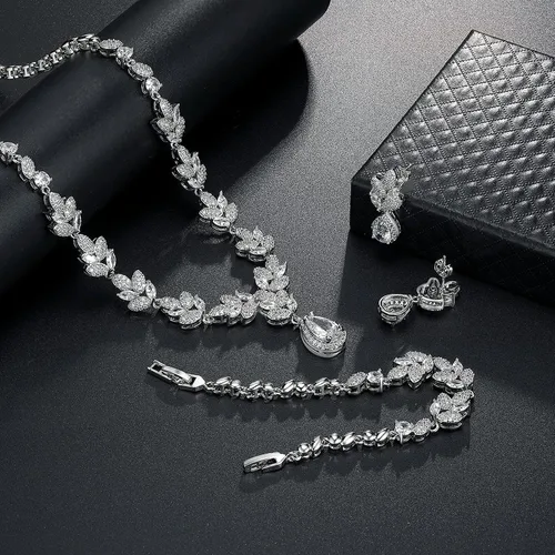 Vista 3 de Hadskiss Juego de joyas para mujer collar y aretes colgantes juego de joyas chapadas en oro blanco con circonita cúbica AAA blanca sin alergias