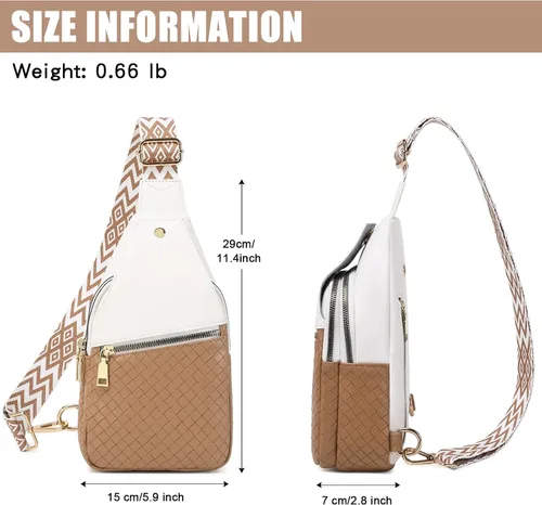 Vista 4 de Bolso bandolera para mujer, cangurera de pecho pequeño, de piel sintética de viaje a la moda, con correa ajustable, F106-beige y marrón claro, Bolso