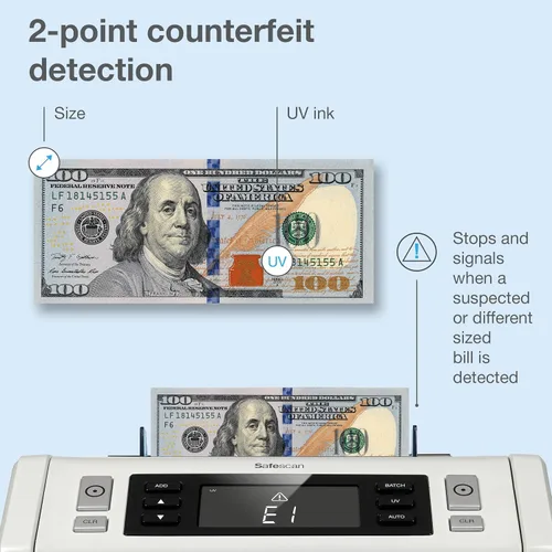 Vista 4 de Safescan Máquina contadora de dinero 2210 con detección de falsificaciones, multimonedas, modos de agregar/lote, pantalla LCD, recuentos de alta