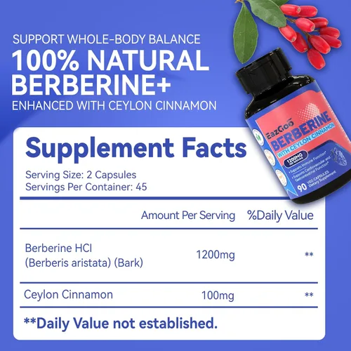Vista 2 de Suplemento de berberina prémium de 1200 mg con canela de Ceilán, 90 cápsulas veganas, suplemento de berberina HCL sin gluten, apoyo inmunológico