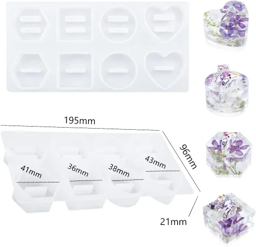 Vista 6 de Molde de resina para anillos de 8 cavidades, moldes de silicona para resina epoxi, corazón, redondos, cuadrados hexagonales para exhibir joyas