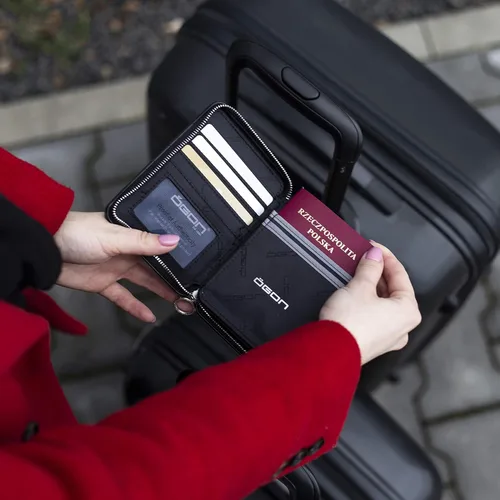 Vista 5 de ÖGON -DESIGNS- Cartera acolchada de aluminio para pasaporte de gran capacidad, tamaño de pasaporte, organizador de embrague, cartera de bloqueo RFID