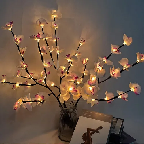 Vista 7 de Paquete de 2 luces LED de árbol de orquídea de mariposa, funciona con pilas, lámpara decorativa de árbol iluminada, ramas iluminadas, luces LED
