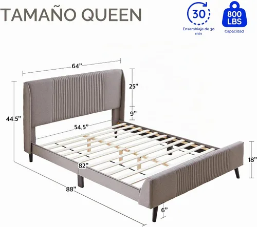Vista 2 de Livinia Sunset - Cama de plataforma con respaldo de alas, base de cama tapizada de tela con cabecera de canal vertical, listones de madera fuertes