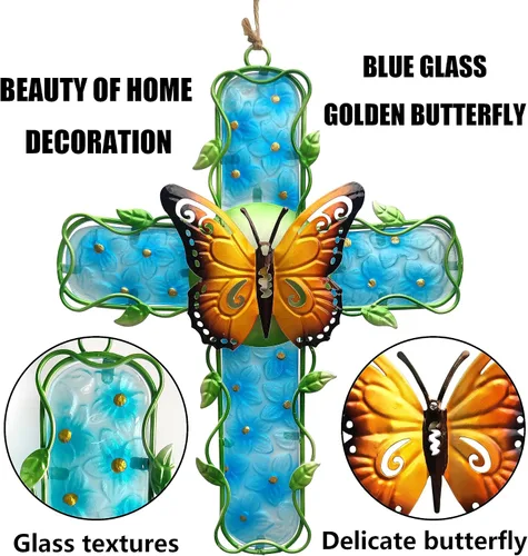 Vista 4 de COOZZYHOUR Decoración de pared de metal con cruz de metal y cristal, flor de hortensia azul, decoración para exteriores, interiores, hogar, jardín