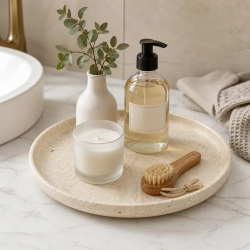 Vista 9 de YKAJO Beige Travertine Round Marble Tray, 10" Deep Dish Vanity Organizer
