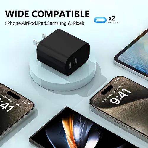 Vista 6 de Paquete de 3 bloques de cargador USB C, enchufe de pared rápido de 20 W de doble puerto (negro) Bloque USB C de carga rápida PD de 20 W
