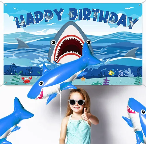 Vista 3 de Tatuo Cartel de fondo de cumpleaños de tiburón, decoraciones de cumpleaños de tiburón, fondo de fotografía de zona para niños y niñas, suministros