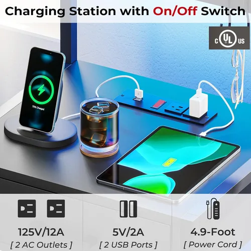 Vista 6 de Mesita de noche con estación de carga y luces LED, mesita de noche LED con 2 puertos USB y 2 salidas de CA, mesa auxiliar moderna con 3 cajones Negro