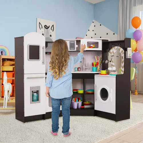 Vista 8 de Lil' Jumbl Juego de cocina de esquina para niños, cocina de lujo de madera de simulación, máquina de hielo a pilas, estufa y grifo con sonido Negro