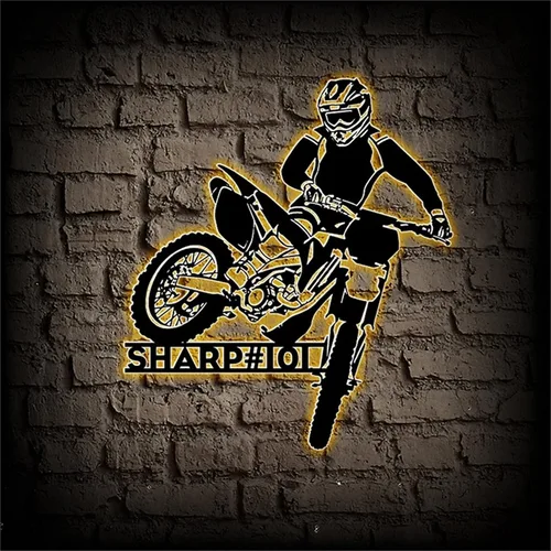 Vista 5 de Arte de pared de metal personalizado para motocicleta con luz LED, regalos para el día del padre, regalos de moto de cross para niños y hombres