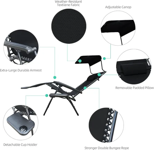 Vista 6 de Jeco Silla de gravedad cero de gran tamaño con sombrilla y bandeja de bebidas - Negro
