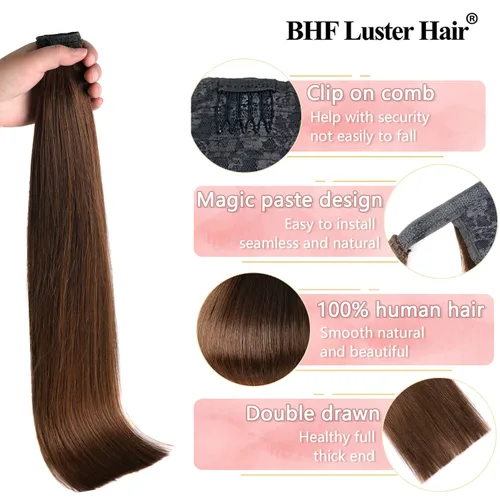 Vista 2 de Extensiones de cabello humano de 22 pulgadas, cola de caballo con clip, para mujer, color marrón chocolate (#4), 3.5 onzas