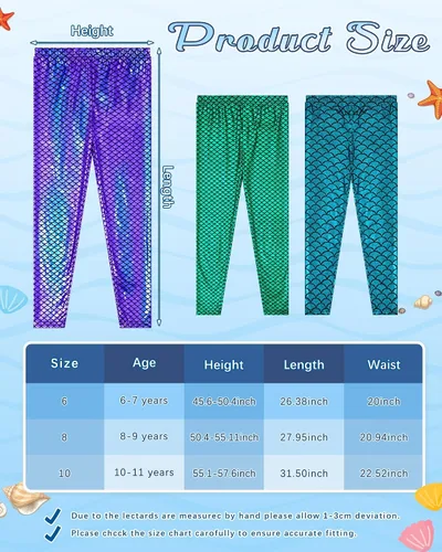 Vista 2 de Suhine 3 piezas de leggings metálicos de sirena para niñas, de cintura alta, elásticos, pantalones ajustados para niños, entrenamiento, fiesta