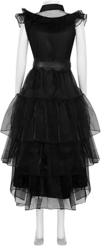 Vista 3 de HNZQE Disfraz de miércoles para mujer, vestido gótico negro, cosplay, cuervo, baile, falda de encaje de tul, traje de fiesta de Halloween para niña