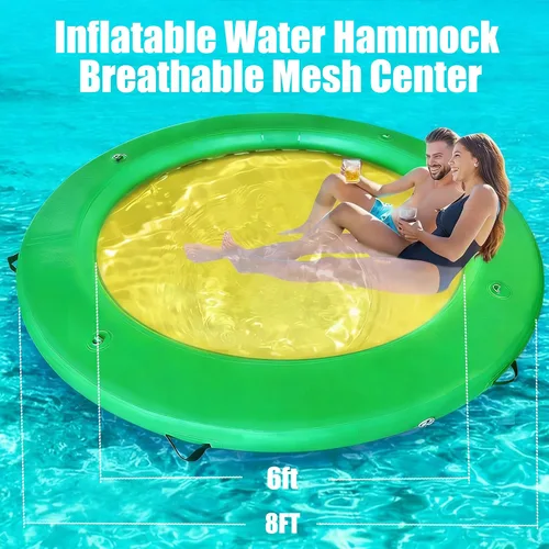 Vista 2 de Water Hammock Inflatable Dock, 3.8ft/6ft/8ft Floating Raft Circular Water Island, Float Rings Air Mesh Platform for Lake/River/Swim Pool