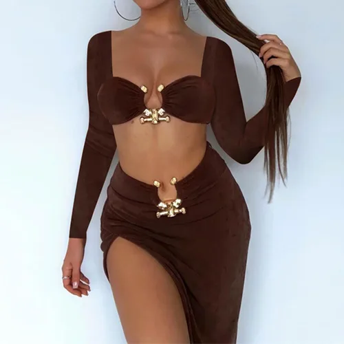Vista 2 de Vestido de dos piezas para mujer, sexy, ajustado, con abertura, manga larga, para club, salida nocturna, maxi vestidos de fiesta