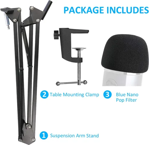 Vista 2 de Soporte de micrófono Yeti Nano con filtro pop - Soporte de brazo de boom de micrófono con cubierta de espuma y parabrisas para micrófono Blue Yeti