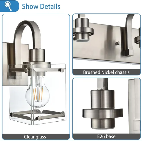 Vista 7 de Lámparas de tocador de baño de 3 luces, modernas luces de tocador con pantalla de vidrio transparente, lámpara de pared de níquel cepillado