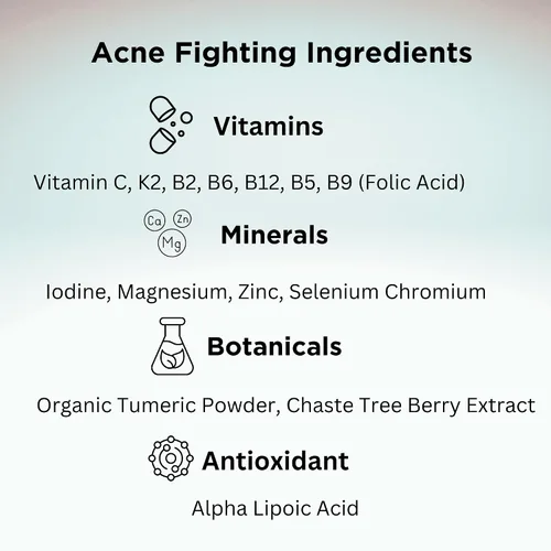 Vista 2 de Clear Skin - Paquete de vitaminas para el acné 20 antioxidantes, botánicos, minerales y vitaminas Pastillas hormonales y quísticas para el acné