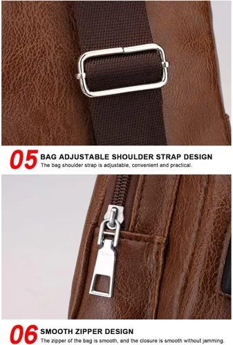Vista 6 de Bolso bandolera de cuero para hombre, mochila cruzada de hombro con puerto de carga USB para viajes, gimnasio, deportes y senderismo, Coffee, A, A
