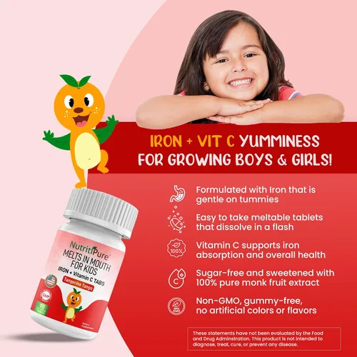 Vista 3 de Suplementos de hierro masticables para niños (hierro feronyl/carbonil 9 mg con vitamina C 30 mg) Tableta en sabor mandarina tango naranja suplemento