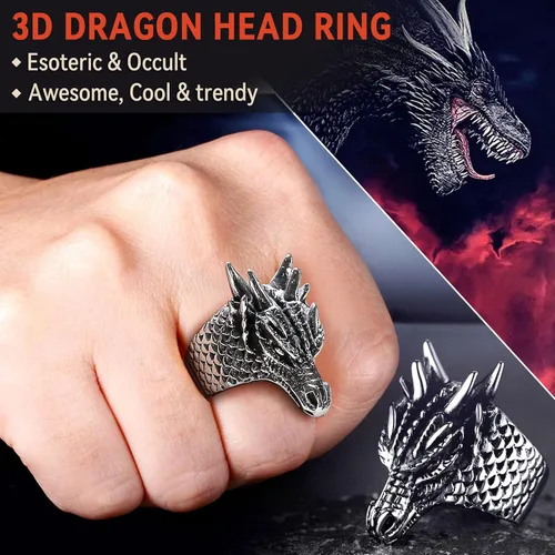 Vista 2 de FaithHeart Anillos de dragón punk para hombres y mujeres, acero inoxidablechapado en oro de 18 quilates, joyería de mitología nórdica con delicado