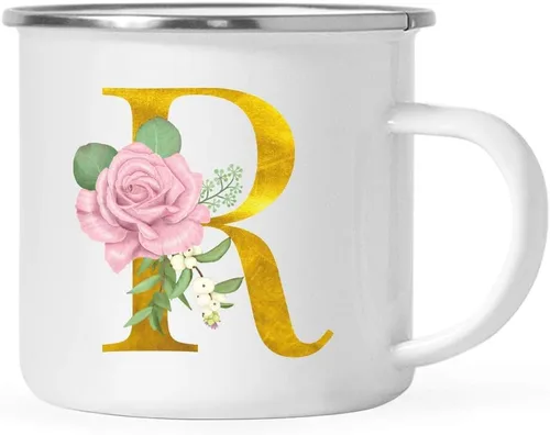 Vista 20 de Andaz Press Taza de café de acero inoxidable para niños de 11 onzas, regalo de taza de café de fogata, rosa rubor, monograma de oro sintético, letra