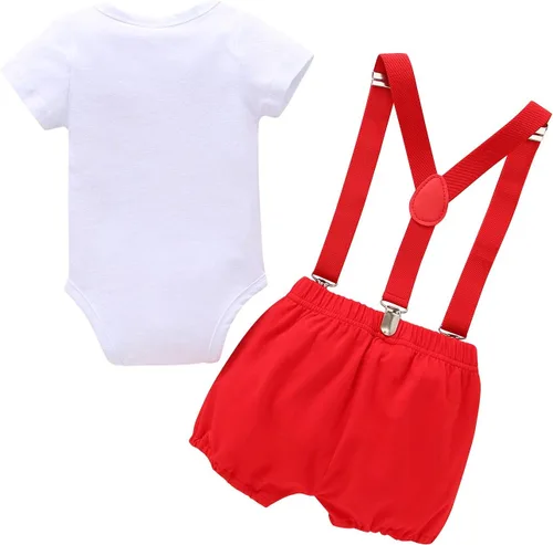 Vista 38 de IDOPIP Traje formal para bebé niño para el primer cumpleaños de Cake Smash con corbatín y tirantes y pantalones cortos para sesión de fotos