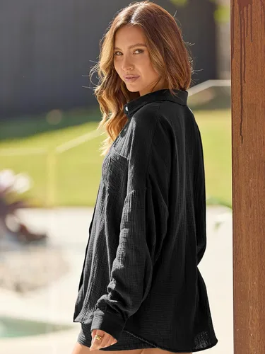 Vista 6 de AUTOMET 2 Piece Outfits For Women Lounge Sets Pajama Sets Long Sleeve Button Down Oversized Shirts And Shorts Fall Tracksuit