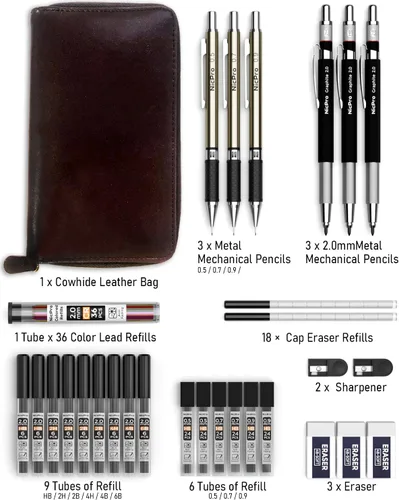 Vista 5 de Nicpro - Juego de 30 lápices mecánicos artísticos en estuche de cuero, lápices metálicos de dibujo de 0.02 pulgadas, 0.03 pulgadas, 0.04 pulgadas