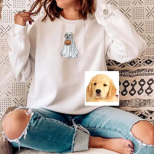 Vista 2 de GodLover Sudadera de fantasma del futuro bordado con fotos personalizadas, sudadera de cuello redondo de Halloween, sudadera de perro fantasma