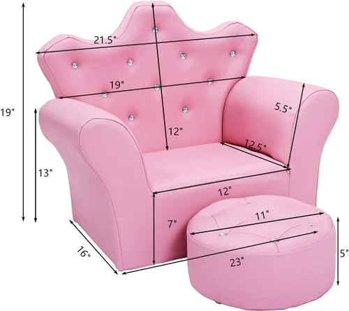 Vista 3 de Sofá para niños de Costzon, sofá tapizado para niños con otomano, sofá de princesa con decoración de diamantes, otomano, silla para niños de PVC